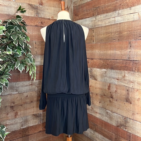 RAMY BROOK Black Cold Shoulder Long Sleeve Ruched Drop Waist Mini Dress - Picture 3 of 13